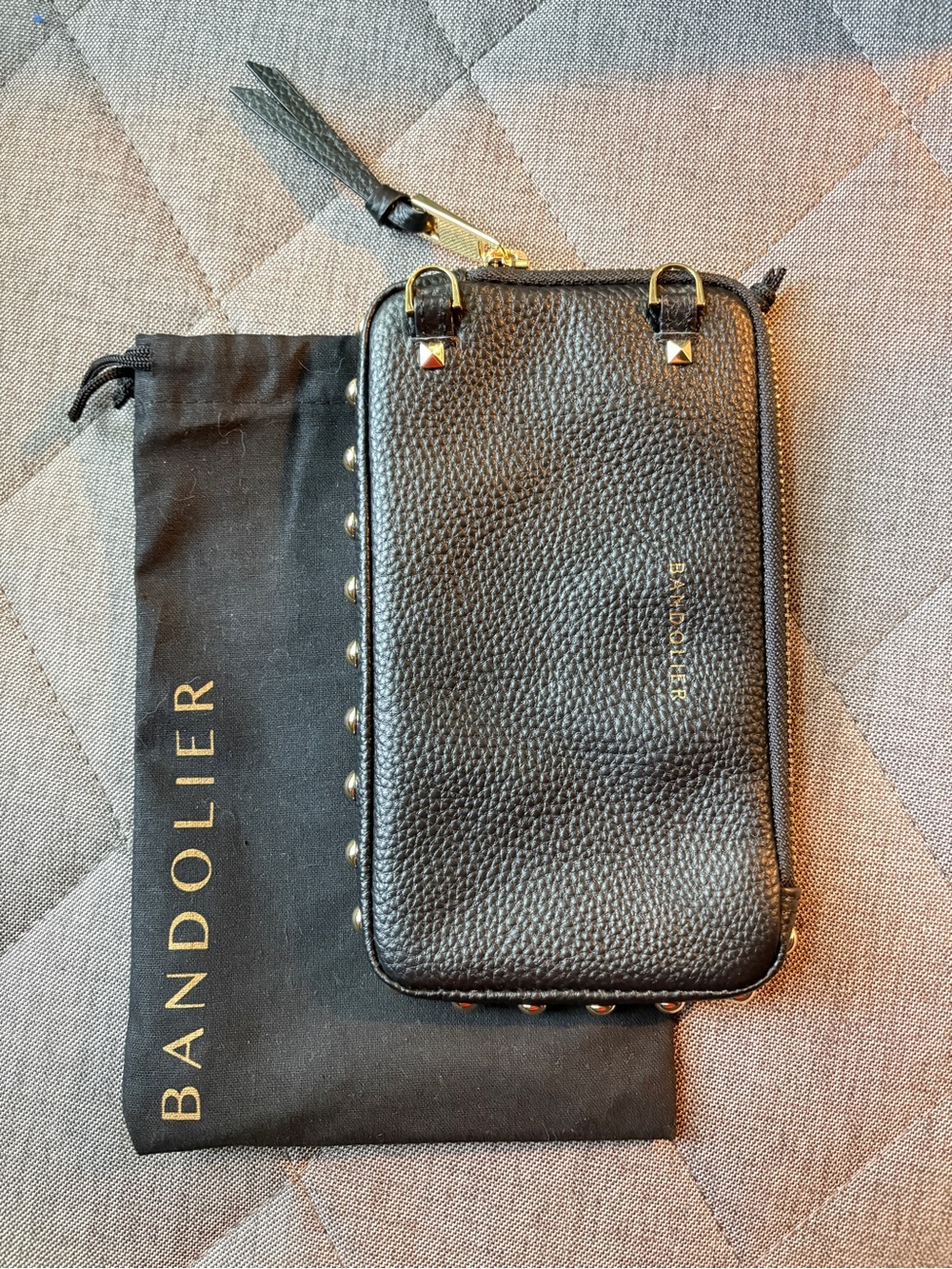 Bandolier Black Pebbled Leather Expanded Pouch with studs, new